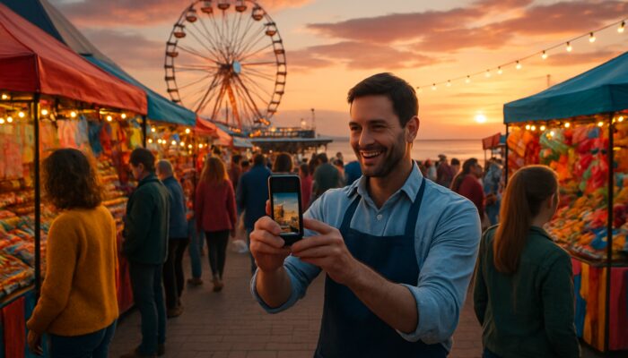 Bustling Weston-super-Mare Carnival at sunset with locals at colourful market stalls and cafe owner on Instagram