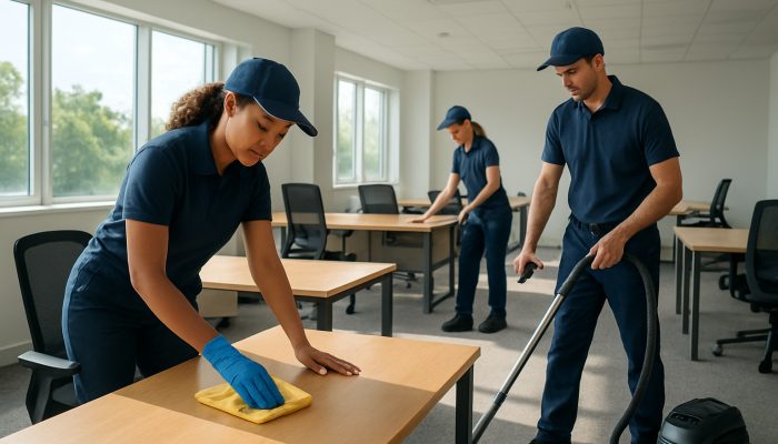 Local cleaners polishing desks and vacuuming carpets in a bright Montacute office