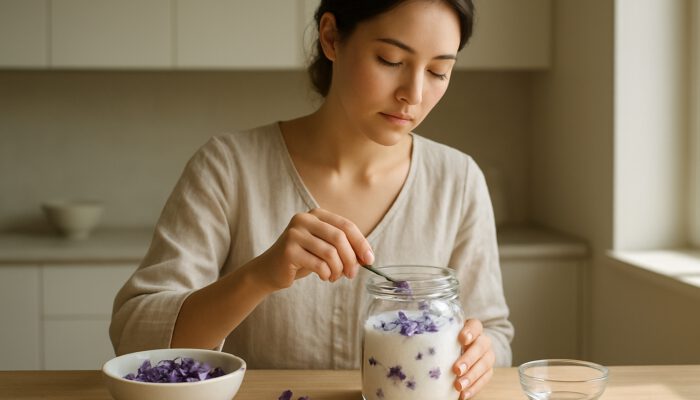 Woman infusing violet petals into sugar in sunlit minimalist kitchen