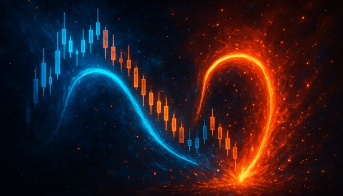 Innovative stock index reversal chart with swirling candlesticks in vibrant blue and orange cosmic design
