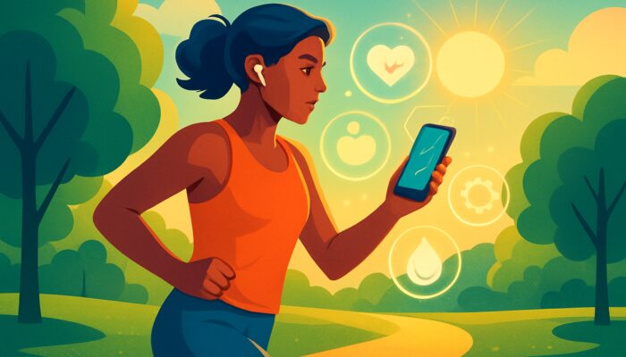 Individual jogging in a sunlit park checks fitness app with floating holographic health metrics.