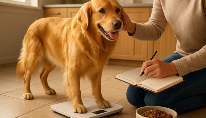 Owner weighing an energetic golden retriever on a scale while checking its coat in a sunlit kitchen