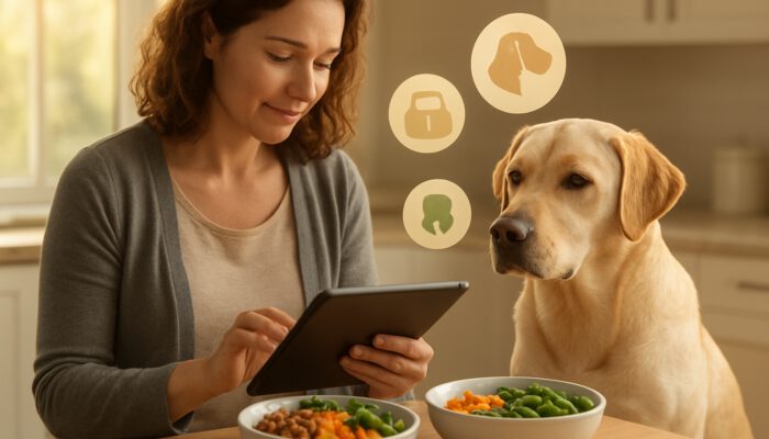 Owner reviews health data of a Labrador on a tablet beside customised nutrition bowls in a kitchen