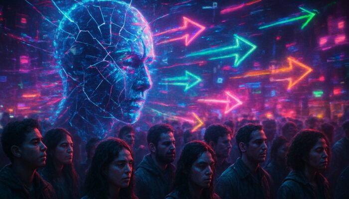 Cracked AI neural net distorting ads onto diverse crowds with neon glitches, symbolising marketing bias.