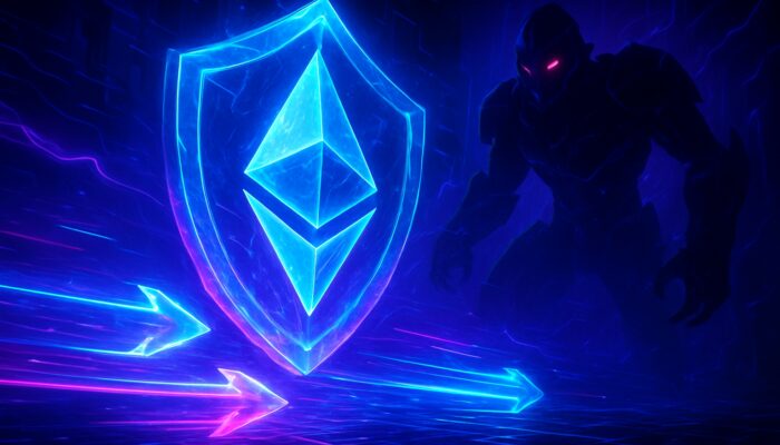 Futuristic arena with glowing Ethereum transactions safeguarded by crystalline armor from shadowy MEV bots in vibrant neon colors.