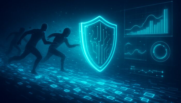 Digital shield obstructing MEV front-runners from blockchain transactions with holographic resilience metrics in a neon void.