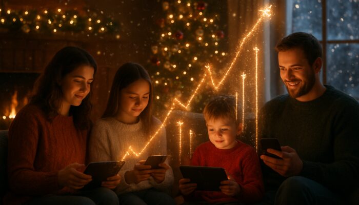 Cozy Christmas living room where families are streaming videos amidst rising engagement metrics and snowflakes.