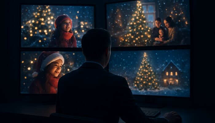 Strategist analyzing competitors' holiday video campaigns and performance metrics in a dimly lit room with illuminated screens.