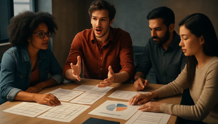 Diverse creative team strategizing over brand video with storyboards and budget charts in cinematic lighting.