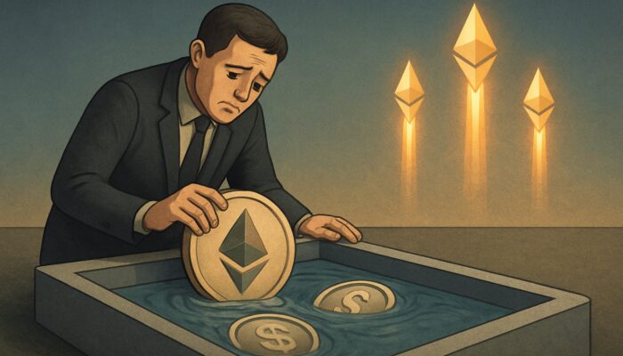 Depressed investor withdrawing faded ETH-USDC tokens as glowing Ethereum ascends, illustrating impermanent loss.