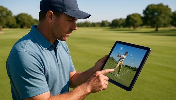 Gauteng golf coach reviewing a slow-motion swing on a tablet at a sunlit inland fairway