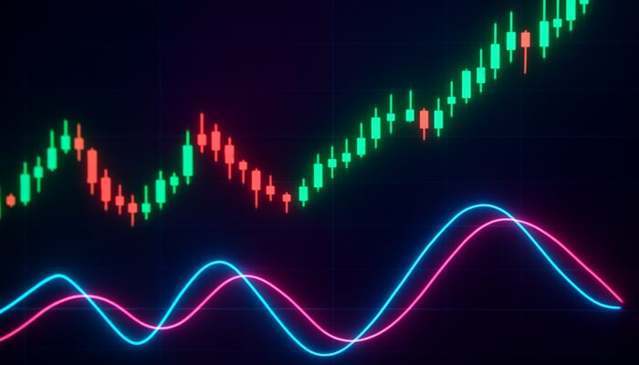 Interactive trading interface displaying Trix indicator crossovers, divergences, and ascending price candles in a vibrant setting.