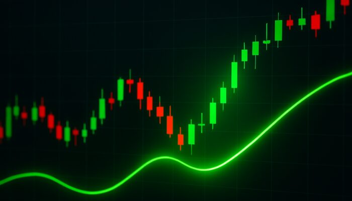 Trading chart showcasing a green Trix line crossing above zero amidst candlesticks for a bullish buy signal