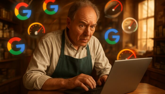 British shopkeeper optimising mobile site speed on laptop amidst Google icons in a village store