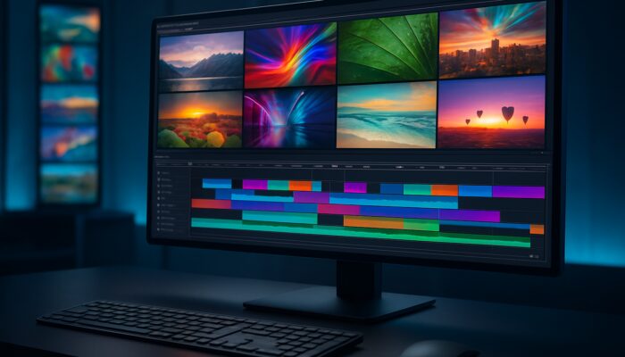 Futuristic video editing interface showcasing vibrant stock images flowing into a sleek professional timeline.