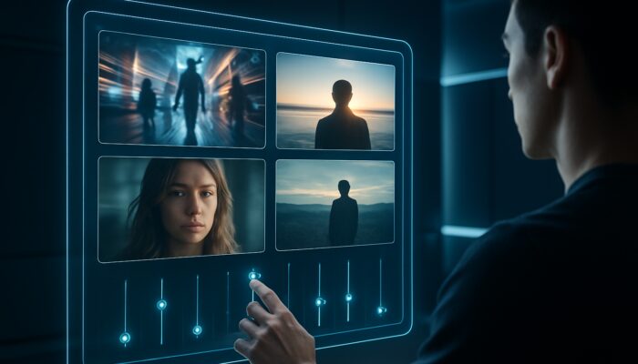 Creator fine-tuning sliders on a holographic AI video interface in a futuristic studio.