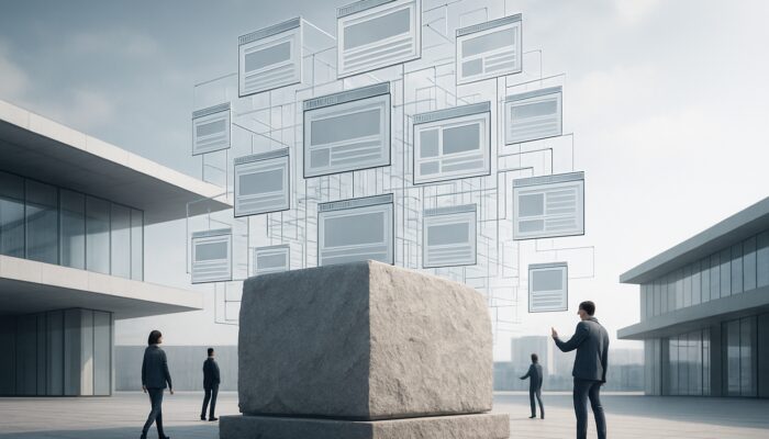 Massive engraved cornerstone anchoring digital tower of linked web pages with exploring users