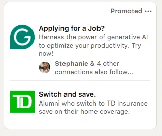Two separate LinkedIn ads displayed in a sidebar. One is from 