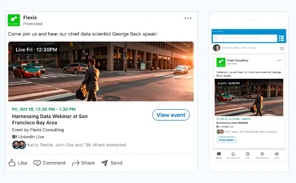 A side-by-side view of a desktop and mobile version of a Flexis event LinkedIn ad. The ad promotes a live webinar with a chief data scientist, showing event details, including the date, time, and location in the San Francisco Bay Area.