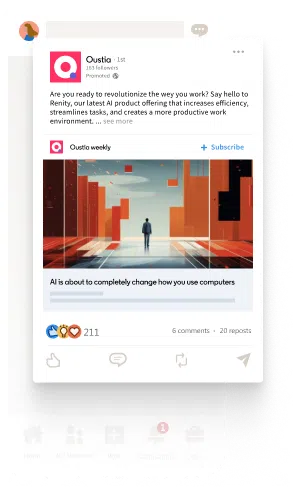 A screenshot of a mobile LinkedIn feed showing an Oustio LinkedIn ad. The ad promotes a new AI product, 