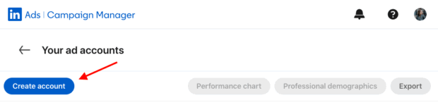 A screenshot of the LinkedIn Campaign Manager interface. A red arrow points to a blue 
