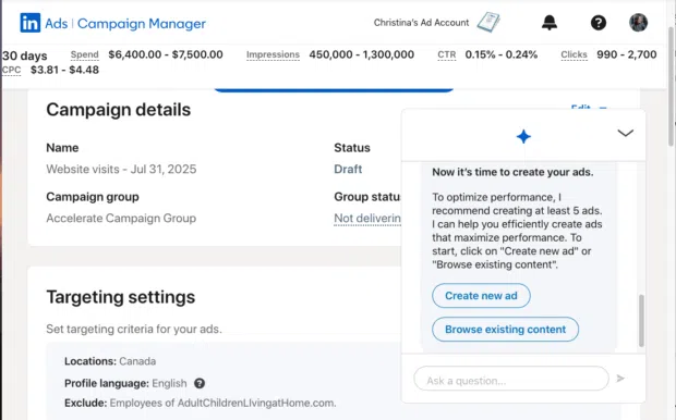 A screenshot of the LinkedIn Campaign Manager's campaign details page. The page shows a draft campaign named 