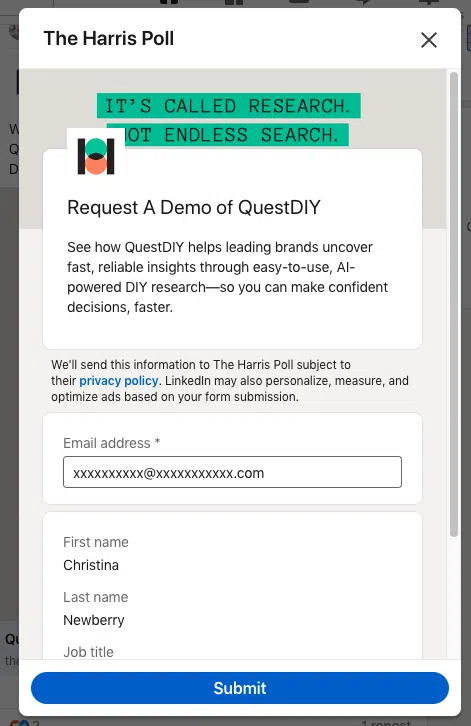 A LinkedIn ad lead generation form for 