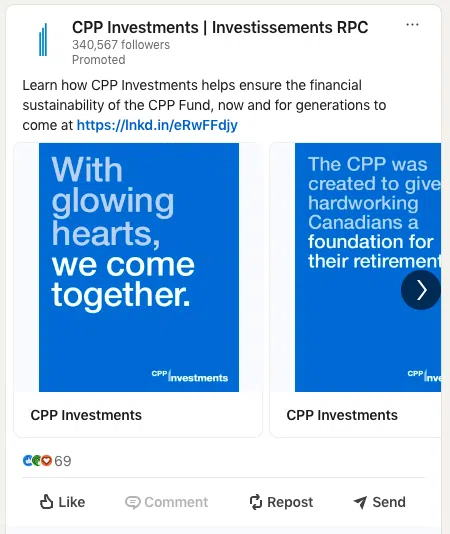 A carousel of LinkedIn ads by CPP Investments. The first image has the text, 