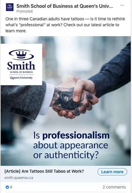 A LinkedIn ad from Smith School of Business at Queen's University, showing a handshake where one person has a tattooed hand. The ad asks, 