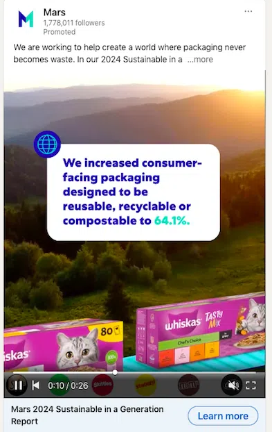 A LinkedIn video ad by Mars highlighting a sustainability report. The ad features a text overlay stating, 