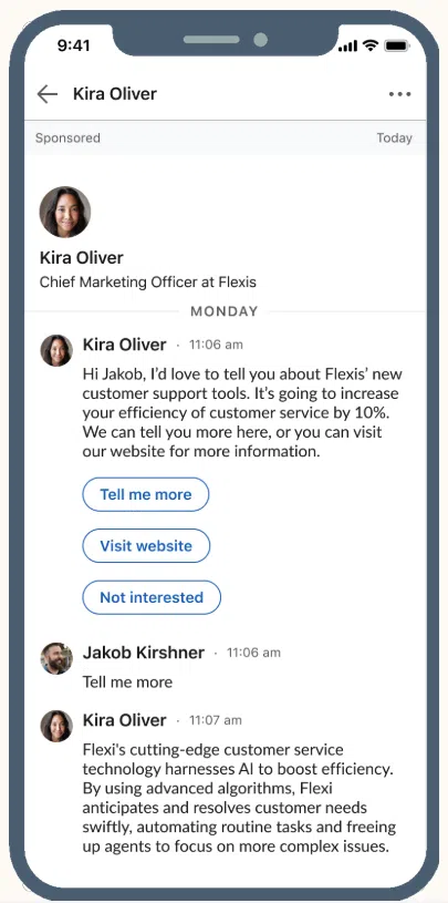 A sponsored LinkedIn ad in a message conversation on a mobile phone. The ad is from Kira Oliver, Chief Marketing Officer at Flexis, speaking to a user named Jakob Kirshner. The conversation promotes Flexis's new AI customer support tools and includes call-to-action buttons like 