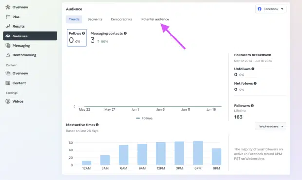 Facebook ads targeting: arrow pointing to potential audience menu in facebook ads, in right hand corner