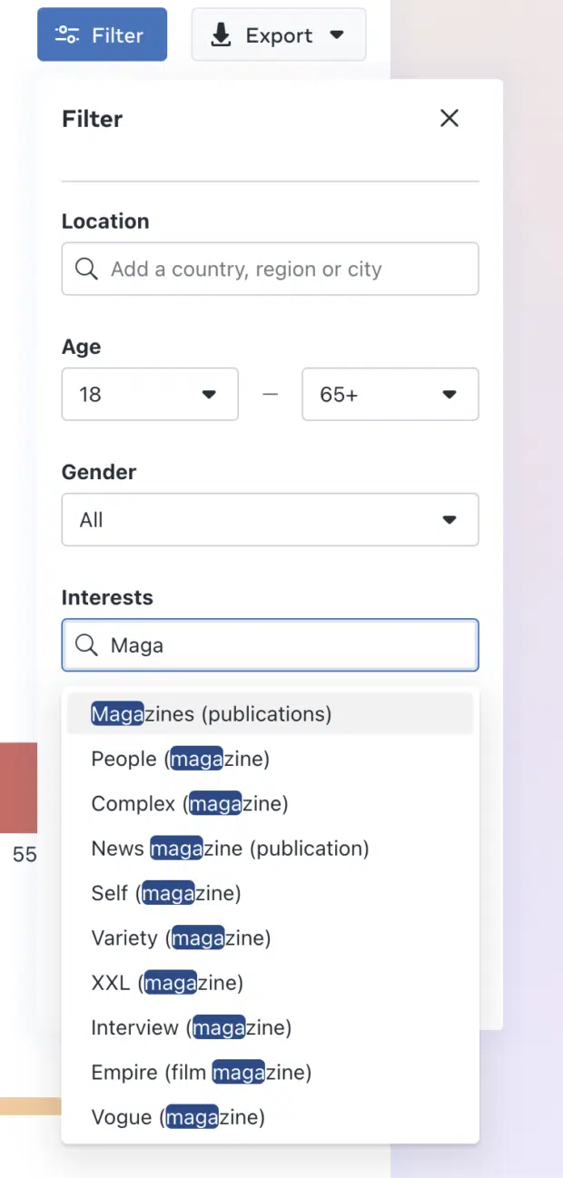 Facebook ads targeting: filter options shown in facebook audience insights
