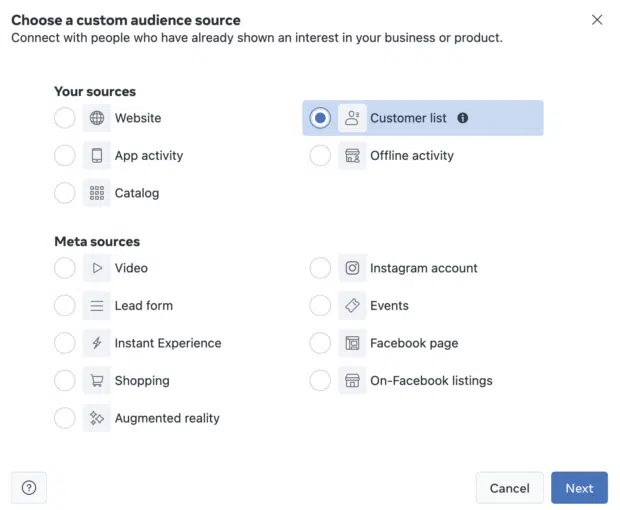 Facebook ads targeting: custom audience screen showing a check in the customer list box