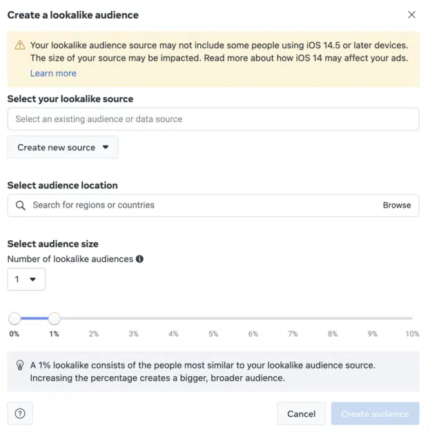 Facebook ads targeting: lookalike audience menu in facebook ads showing fields for selecting a source, location, and audience size
