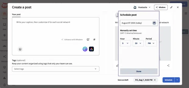 Schedule post option select date and time within Hootsuite