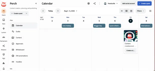Hootsuite planner calendar view of scheduled posts