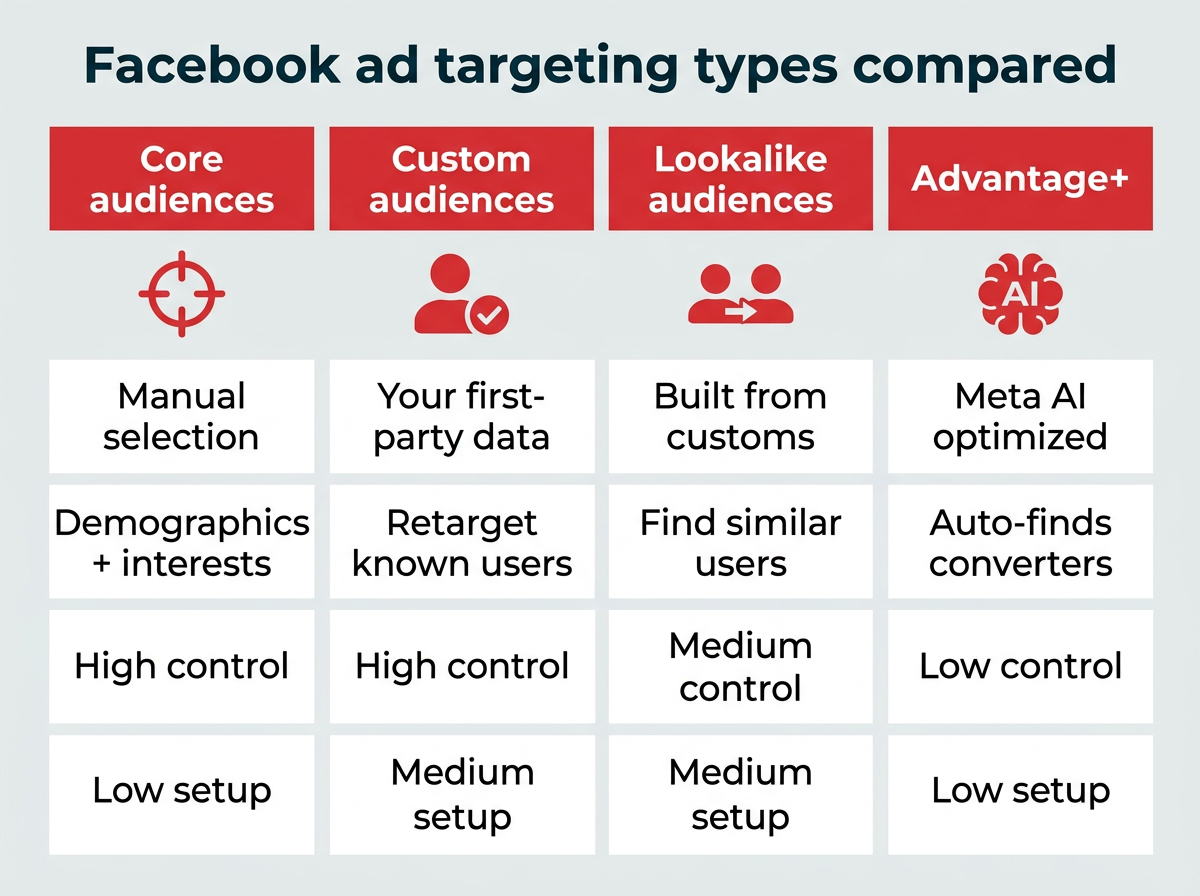 Facebook ad targeting types compared: four columns showing Core audiences, Custom audiences, Lookalike audiences, and Advantage+ with their data sources, control levels, and setup complexity