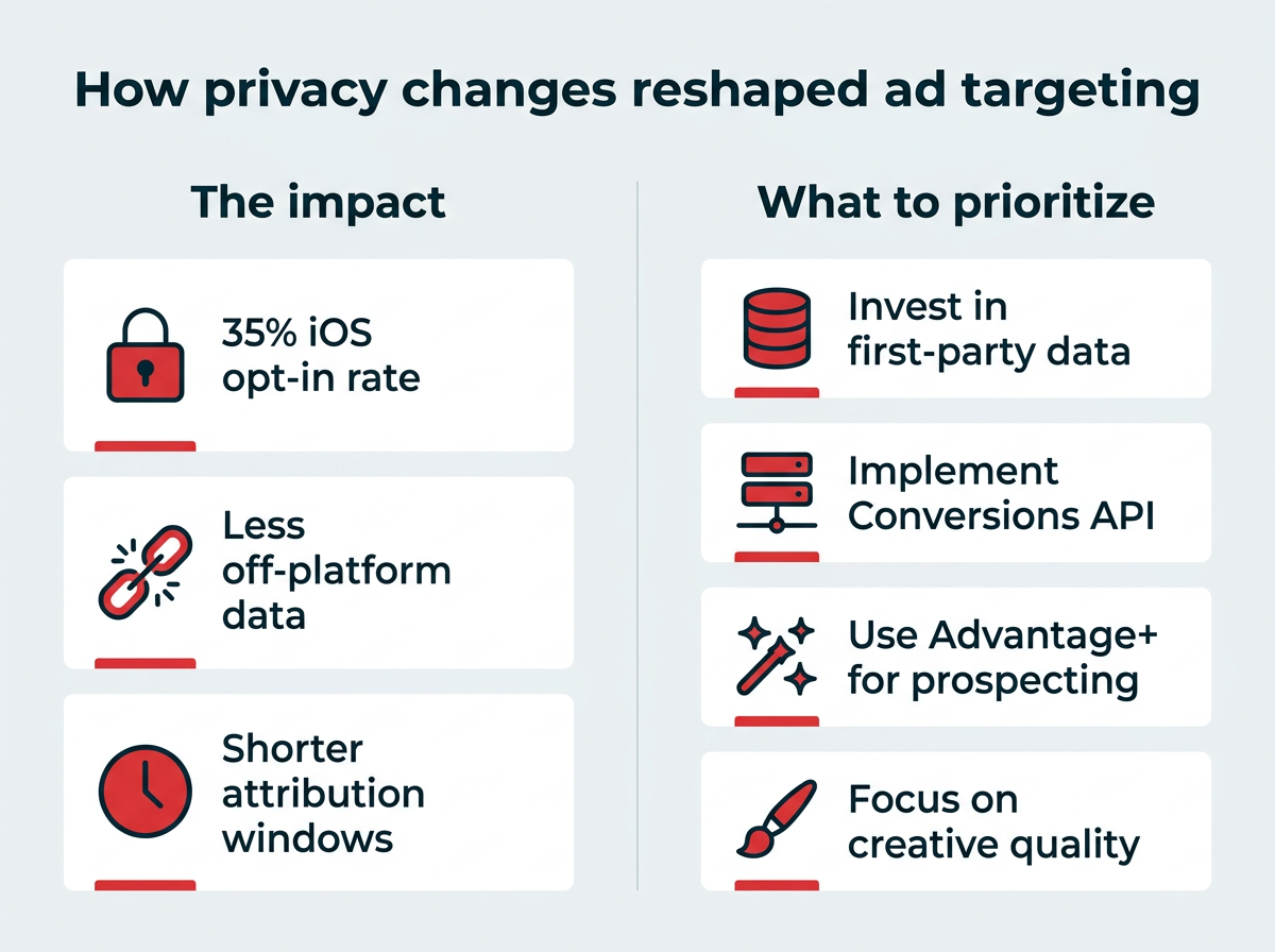 How privacy changes reshaped ad targeting: showing the impact of 35% iOS opt-in rate and shorter attribution windows alongside four priorities to focus on