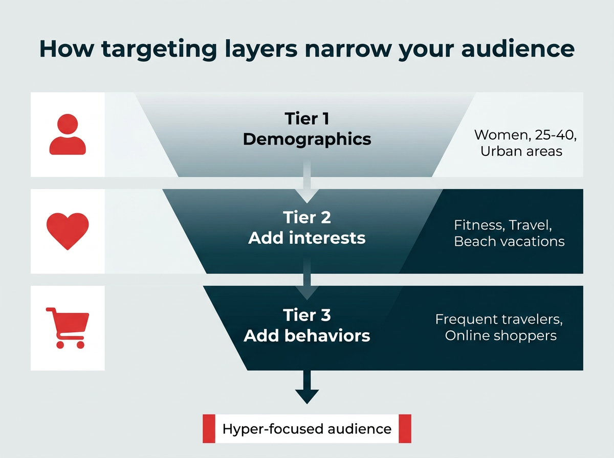 How targeting layers narrow your audience: a funnel showing demographics, interests, and behaviors narrowing to a hyper-focused audience