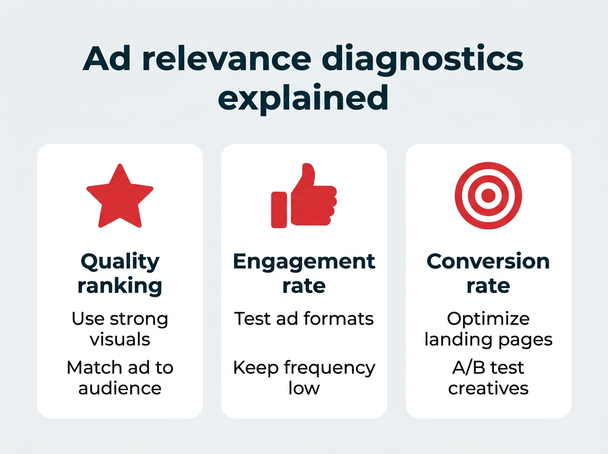 Ad relevance diagnostics explained: three cards for quality ranking, engagement rate, and conversion rate with improvement tips