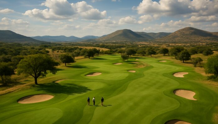 Aerial view of Euphoria Golf Course's emerald fairways near Pretoria with golfers on rolling hills.