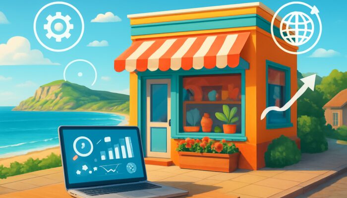 Bright illustration of a Swanage shopfront with an SEO laptop overlooking the Jurassic Coast
