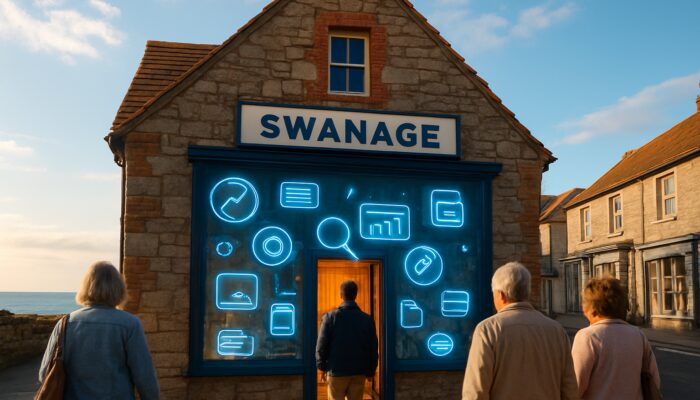 Charming Swanage shop illuminated with floating SEO icons and meta descriptions as local customers enter under a bright coastal sky.