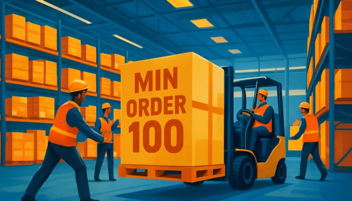 Modern warehouse workers loading oversized pallets marked "Min Order 100" for effective logistics.