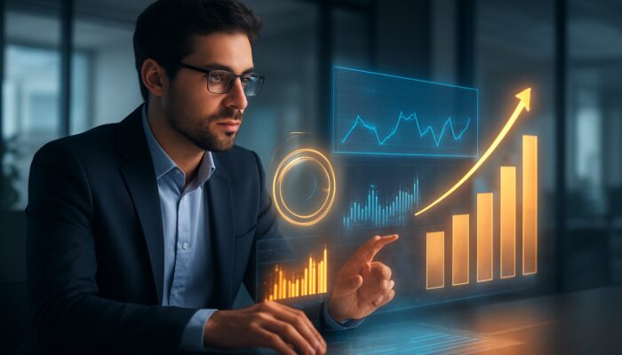 Digital marketer analyzing Amazon video ad performance on a holographic dashboard with vibrant ROI charts in a modern office.
