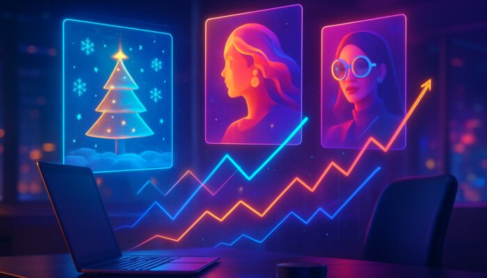 Futuristic digital workspace featuring morphing holographic ads and rising engagement graphs in vibrant colors.