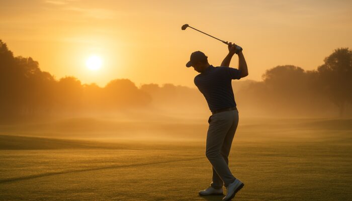 Focused golfer swinging shorter clubs on a misty dewy fairway at sunrise, Durban seaside course.