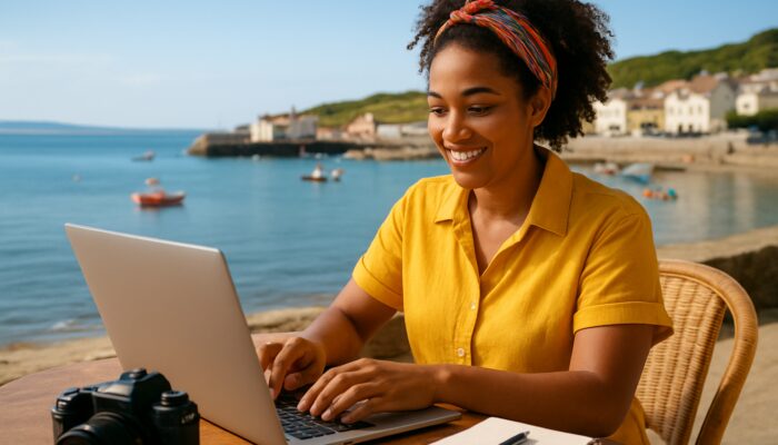 Seaton small business owner creating social media content on laptop at sunny seaside cafe with harbour view.