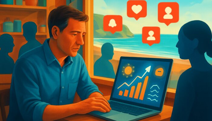 Seaton shop owner analyses glowing market trends and social media notifications on laptop with customer icons